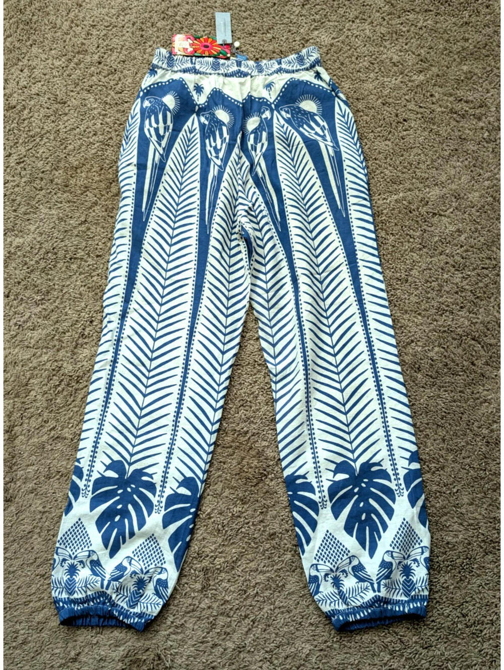 Farm Rio x Anthropologie Tropez Jogger Pants SP Blue Tropical NWT Linen - Picture 2 of 7